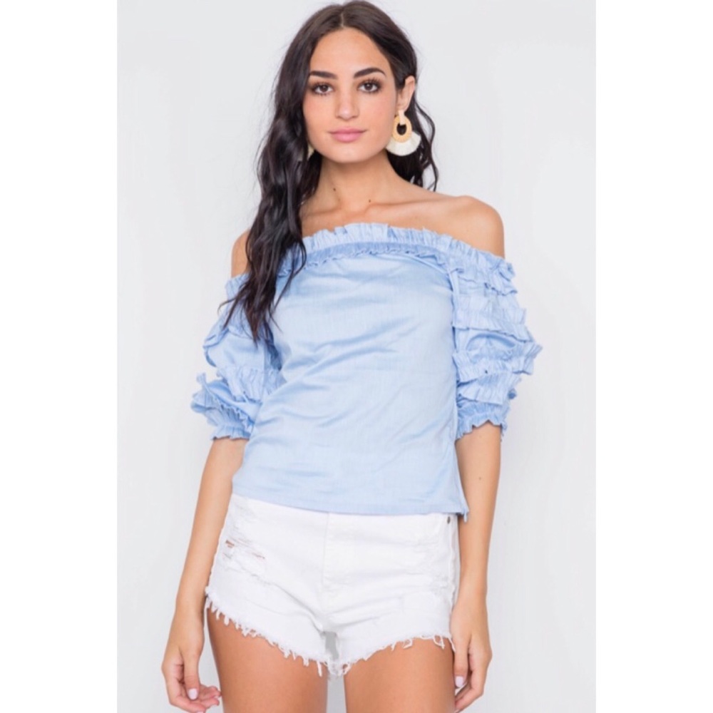 Blue 3/4 Puff Sleeve Off Shoulder Top